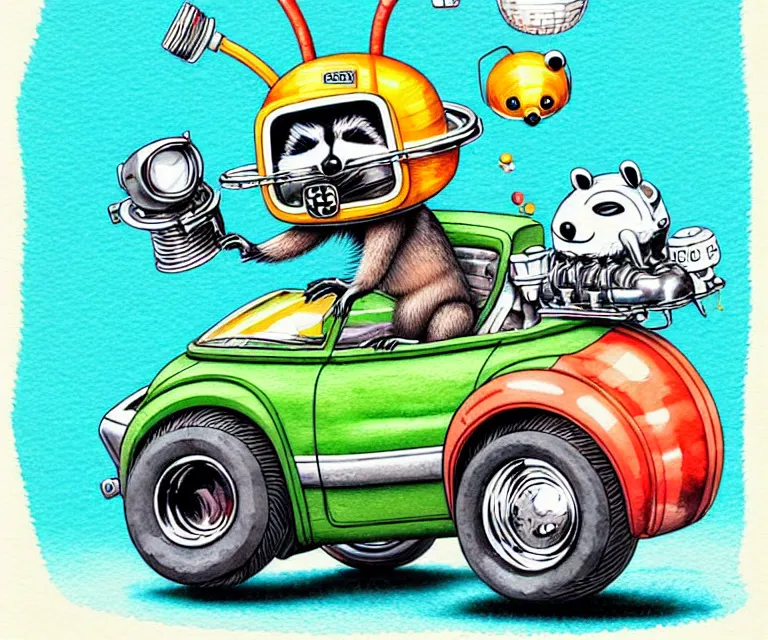 Image similar to cute and funny, racoon wearing a helmet, riding in a tiny hot rod with oversized engine | ratfink style by ed roth, centered award winning watercolor pen illustration, isometric illustration by chihiro iwasaki, edited by range murata, tiny details by artgerm, symmetrically isometrically centered