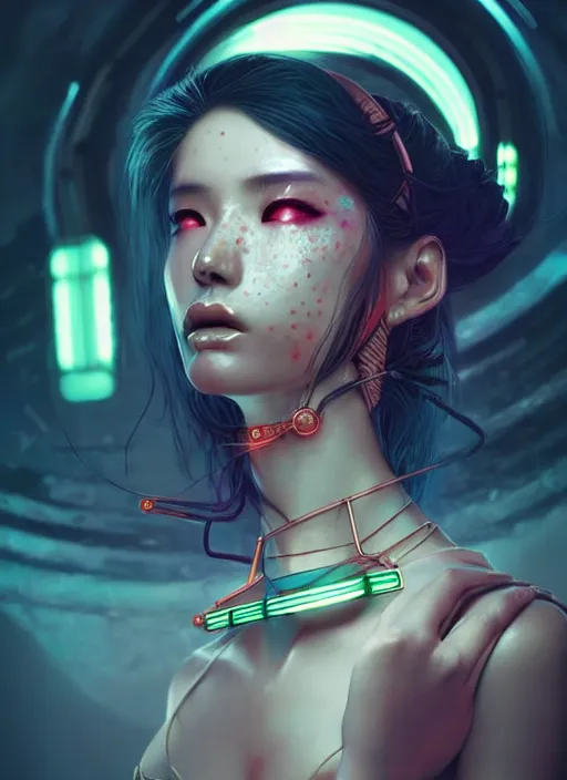 Prompt: sensual oriental female humanoid with freckles, by loish, d & d, fantasy, cyber neon lighting, futurism, intricate futuristic jewelry accessories, cyberpunk high fashion, profile posing, hyper photorealistic, digital photography, artstation, pinterest, concept art, art by pascal blanche and greg rutkowski,