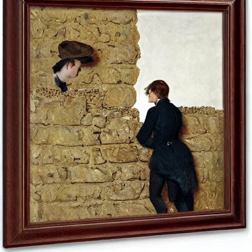 Image similar to young victorian man and woman investigators solving a riddle carved into a stonewall in a dungeon, by alfred stevens