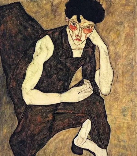 Prompt: portrait of a handsome non binary criminal lost in thought, by egon schiele, intense desire, high quality, high detail