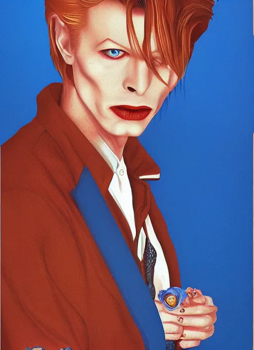 Prompt: twin peaks poster art, portrait of david bowie chases the blue colored rose, by michael whelan, rossetti bouguereau, artgerm, retro, nostalgic, old fashioned