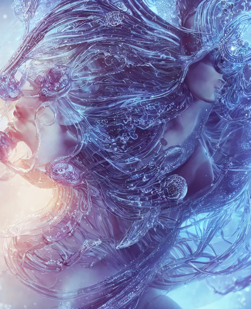 Image similar to close-up macro portrait of the face of a beautiful princess, epic angle and pose, symmetrical artwork, 3d with depth of field, blurred background, cybernetic jellyfish female face skull phoenix bird, translucent, nautilus, energy flows of water and fire. a highly detailed epic cinematic concept art CG render. made in Maya, Blender and Photoshop, octane render, excellent composition, cinematic dystopian brutalist atmosphere, dynamic dramatic cinematic lighting, aesthetic, very inspirational, arthouse. y Greg Rutkowski, Ilya Kuvshinov, WLOP, Stanley Artgerm Lau, Ruan Jia and Fenghua Zhong