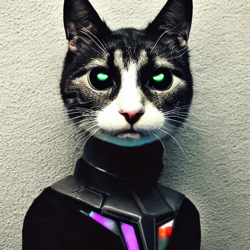 Image similar to portrait of a cute cyberpunk cat, realistic, futuristic, robot, professional photography