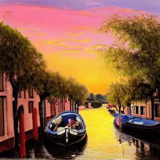 Prompt: a beautiful canal in late spring, with boats, beautiful clouds and a pink sunset, by Victor Richardson, extremely detailed painting