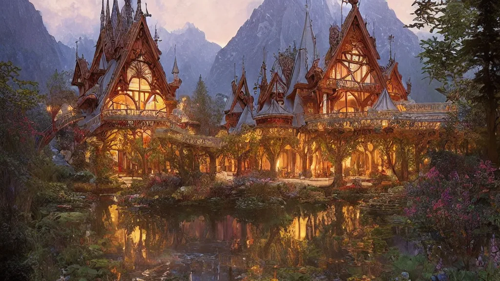 Prompt: a beautiful painting of art nouveau swiss chalet elven rivendell at sunrise, intricate, elegant, highly detailed, digital painting, artstation, concept art, by krenz cushart and artem demura and alphonse mucha