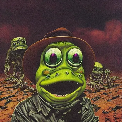 Image similar to a hyperrealistic painting of a haunted ghost town with spooky pepe the frog dressed as a cowboy with aliens. cinematic horror by chris cunningham, richard corben, highly detailed, vivid color, beksinski painting, part by adrian ghenie and gerhard richter. art by takato yamamoto. masterpiece