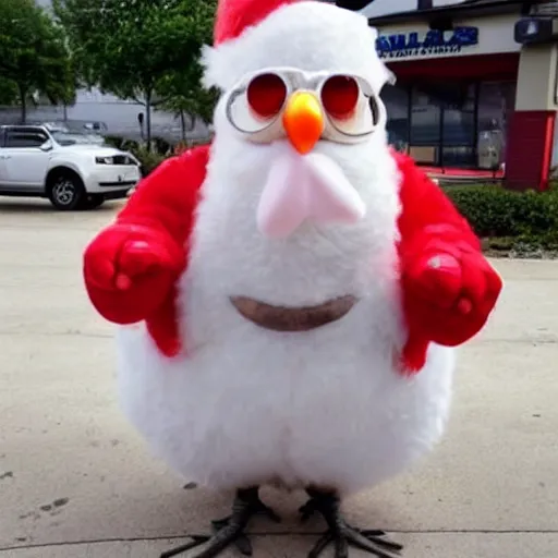 Prompt: anthropomorphic colonel sanders chicken abomination, working at kfc, real life photo,