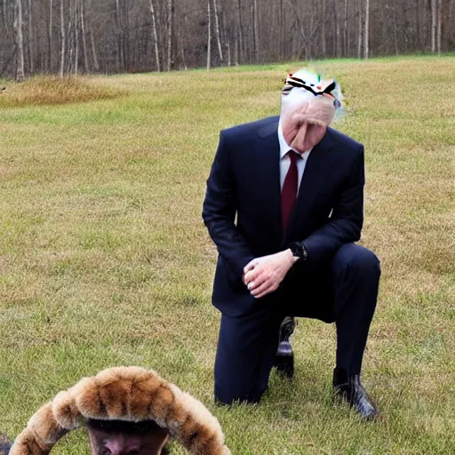 Image similar to Vladimir Putin kneeling before a man in a wild furry costume