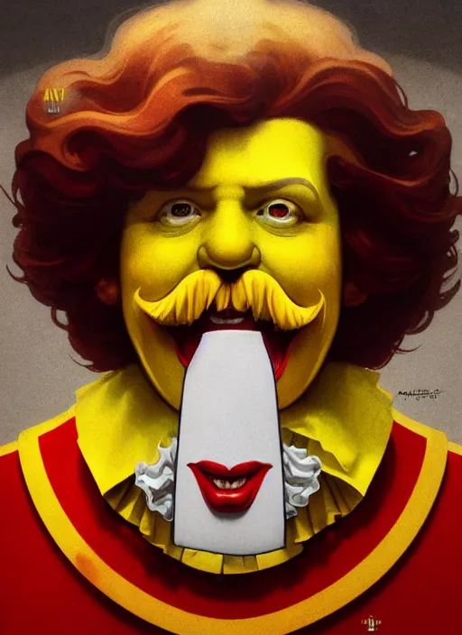 Image similar to close up portrait of ronald mcdonald, yellow jumper with white collar, chicken mcnuggets throne room by artgerm, cushart krenz, greg rutkowski, mucha. art nouveau. gloomhaven, golden arches logo, pale colors, sharp edges. ultra clear detailed. 8 k. elegant, intricate, octane render