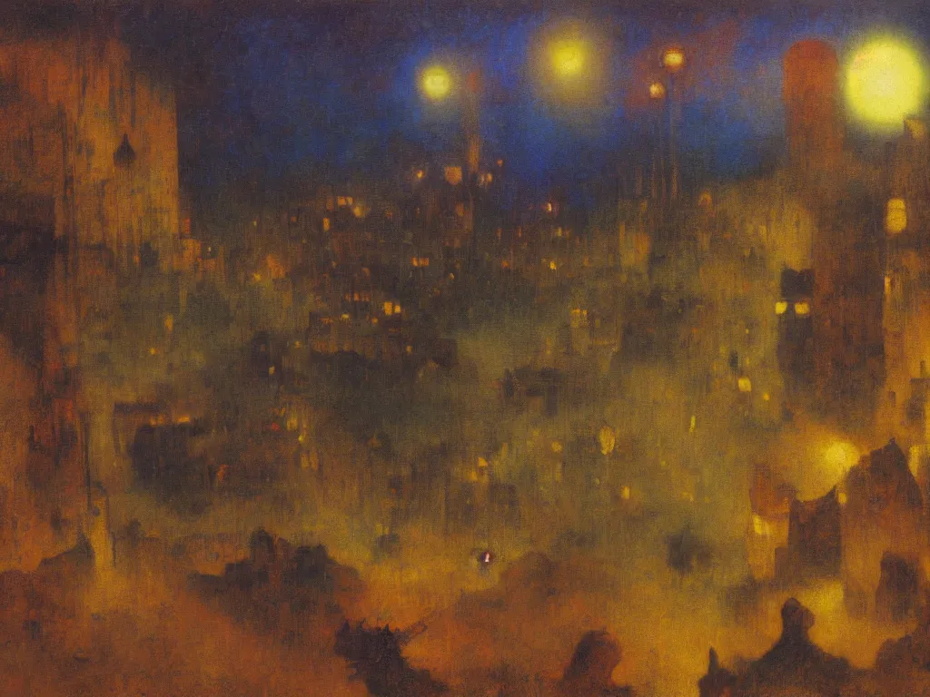 Prompt: bright dramatic lighting colorful surrealist symbolist oil painting titled'the whole place is dark every light on this side of the town ', magical realism symbolist, ruined city landscape with hybrid animal protagonist, painted by arnold bocklin and odilon redon and max ernst, shocking detail trending on artstation 8 k