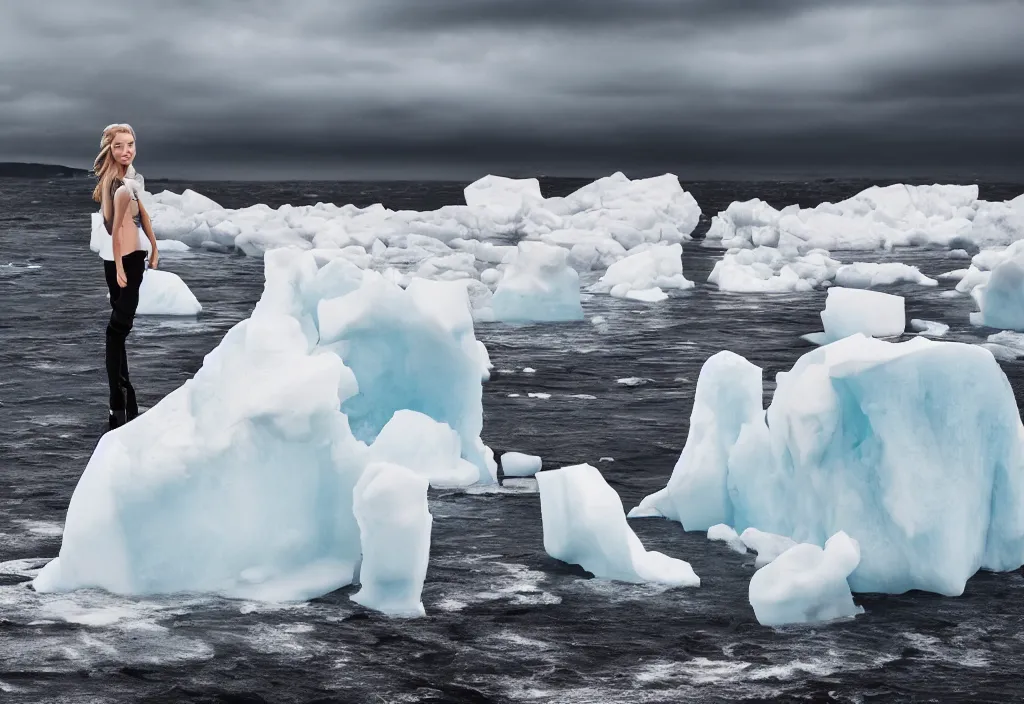 Image similar to fashion editorial on melting iceberg. gigantic ice falling in the sea. huge waves. wide angle shot. highly detailed. depth of field. high definition. 8k. photography.