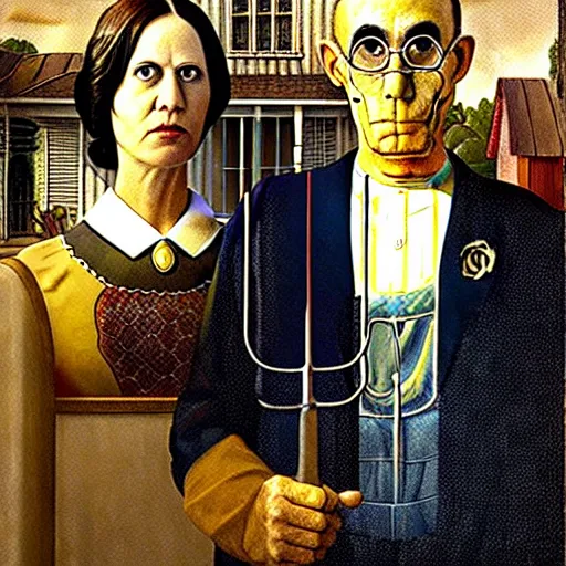 Image similar to watchmen's nite - owl and silk spectre standing behind the owlship in the style of american gothic by grant wood, nite - owl, silk spectre, owlship, oil painting