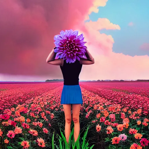 Image similar to giant dahlia flower as head, full body girl standing in a flower field, surreal photography, sunrise, dramatic light, impressionist painting, colorful clouds, digital painting, artstation, simon stalenhag