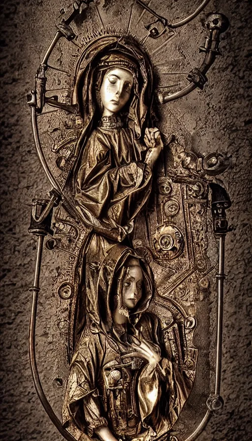 Prompt: steampunk virgin mary, religious imagery, rusty pipes and guages, backlit, intricate detail, high definition