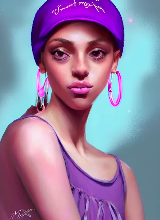 Image similar to portrait of teenage vanessa morgan with bright pink hair, vanessa morgan, curly pixie cut hair, wearing a purple breton cap, breton cap, hoop earrings, intricate, elegant, glowing lights, highly detailed, digital painting, artstation, concept art, smooth, sharp focus, illustration, art by wlop, mars ravelo and greg rutkowski