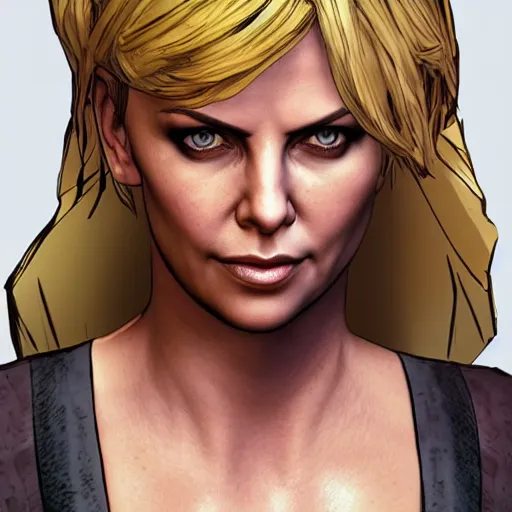 Image similar to charlize theron portrait, borderlands, tales from the borderlands, the wolf among us, comic, cinematic lighting, studio quality, 8 k