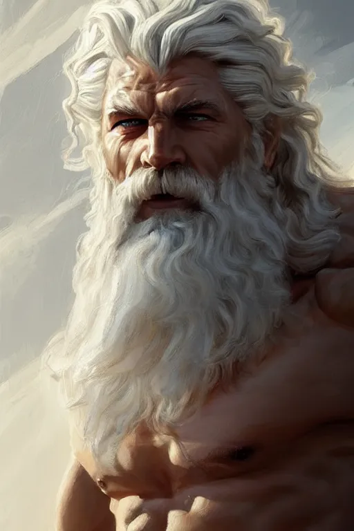 Image similar to painted portrait of rugged zeus, god of thunder, greek god, white hair, masculine, powerful, handsome, upper body, white robe, muscular, hairy torso, fantasy, intricate, elegant, highly detailed, digital painting, artstation, concept art, smooth, sharp focus, illustration, art by gaston bussiere and magali villeneuve