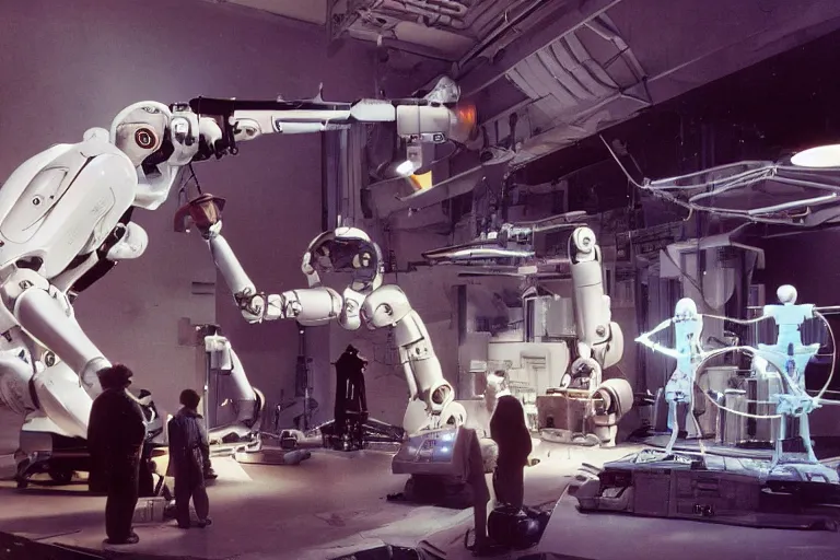 Image similar to a futuristic film studio with robot technicians preparing a scene by Stanley kubrick, sci-fi, color vibe, reimagined by industrial light and magic