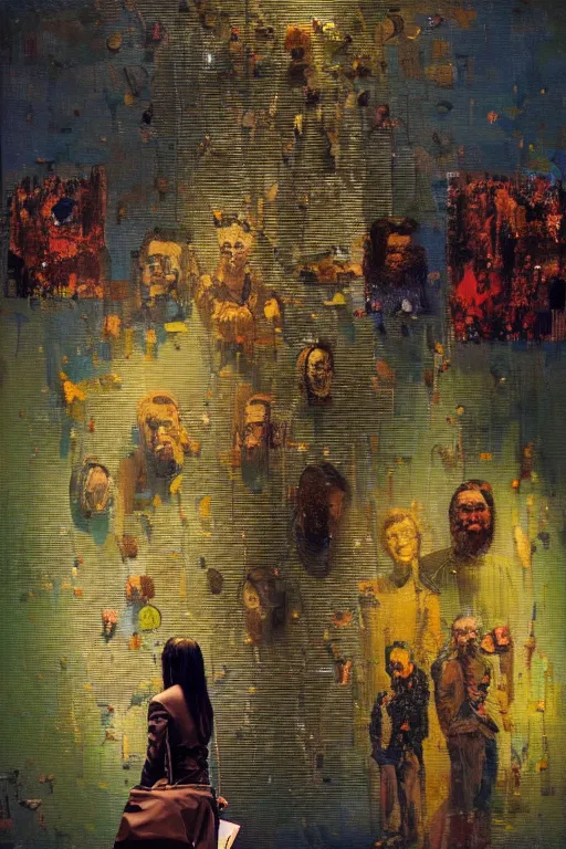 Image similar to a beautiful glitched painting by robert proch of people in front of a painting in a museum gallery, metal rust and plaster materials, pixel sorting, color bleeding, brushstrokes by jeremy mann, still life, dark colors