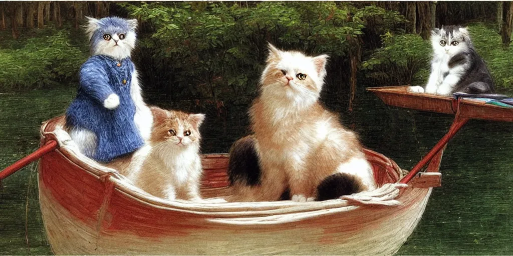 Prompt: 3 d precious moments plush cat, in a boat on a lake, realistic fur, stuffed animal, master painter and art style of john william waterhouse and caspar david friedrich and philipp otto runge