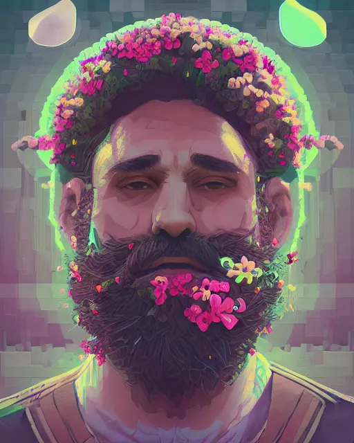 Image similar to a realistic ultradetailed digital painting of a man with flowers in his beard, profile, cyberpunk art by beeple, behance contest winner, retrofuturism, voxel art, # pixelart, dystopian art