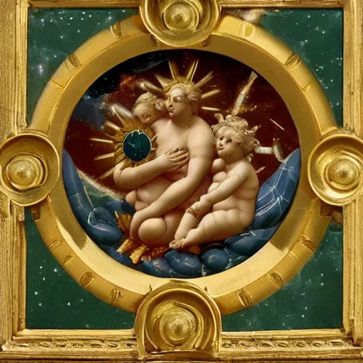 Image similar to Saint Woman, Putti, Venus, Athena, Sistina, baroque, marble and gold, stars, space, sun, deep green, bronze