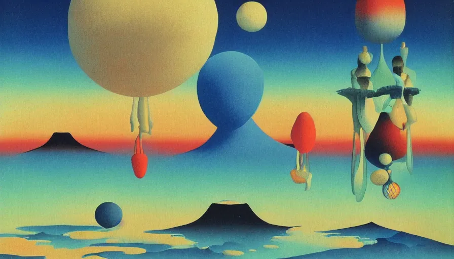 Prompt: Japan travel and tourism c2050, surrealist psychedelic painting in the style of Oxygene, Magritte, Roger Dean, Yoshio Awazu, vivid color