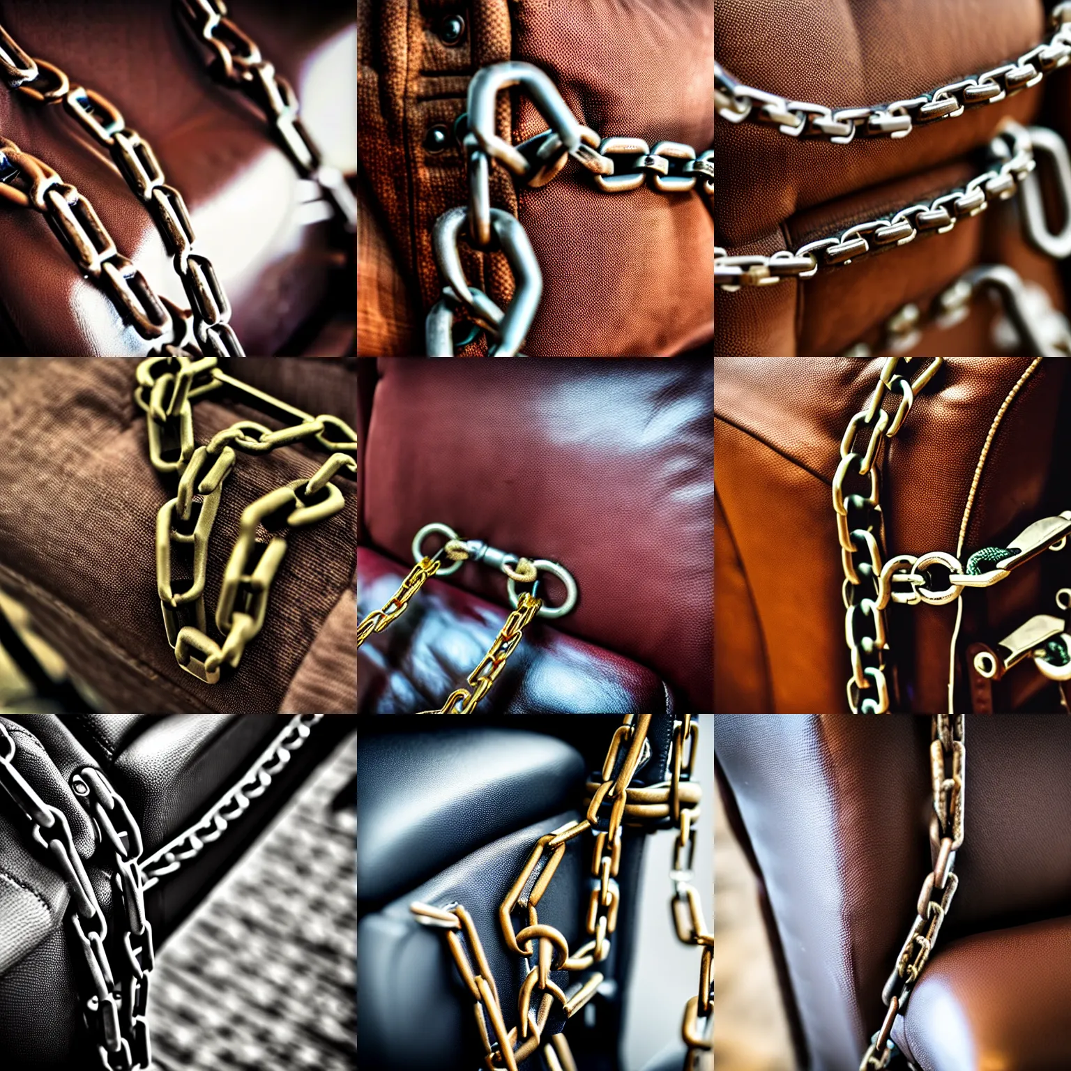 Prompt: a hand tied the armrest with chains, hand chained, close up photo, very detailed, sharp, 8 k