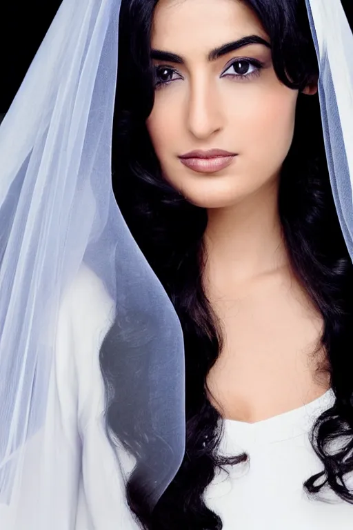 Prompt: Ameera al-Taweel, blue eyes, long wavy black hair, white veil, closeup, focus face