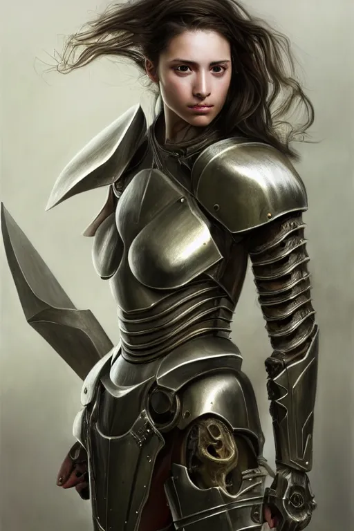 Prompt: a photorealistic painted portrait of an attractive young girl, partially clothed in dull metal-plated battle armor, olive skin, long dark hair, beautiful bone structure, symmetric facial features, photorealistic eyes, natural physique, intricate, elegant, digital painting, concept art, finely detailed, beautifully illustrated, sharp focus, minimal artifacts, from Metal Gear, by Ruan Jia and Mandy Jurgens and Artgerm and William-Adolphe Bouguerea, in the style of Greg Rutkowski, trending on Artstation, award winning