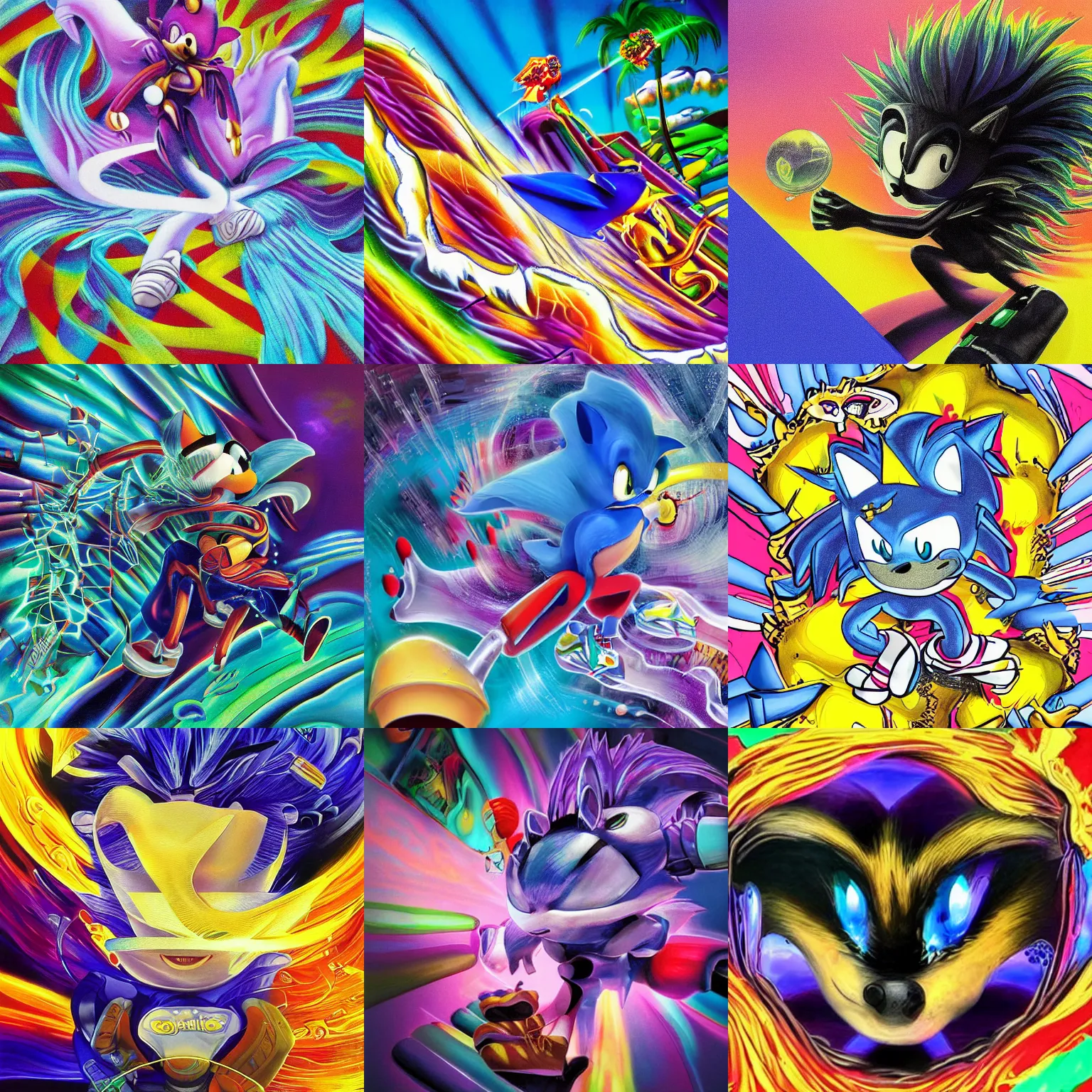 Image similar to surreal, sharp, detailed professional, high quality portrait sonic airbrush art MGMT album cover portrait of a liquid dissolving LSD DMT sonic the hedgehog surfing through cyberspace, purple checkerboard background, 1990s 1992 Sega Genesis video game album cover