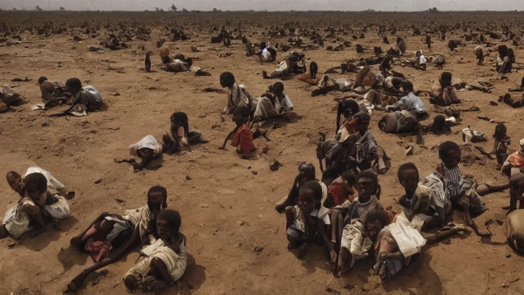 Prompt: 1 9 8 4 famine and drought in ethiopia, in the cover of new york times, wide - angle, dark, moody, 8 k