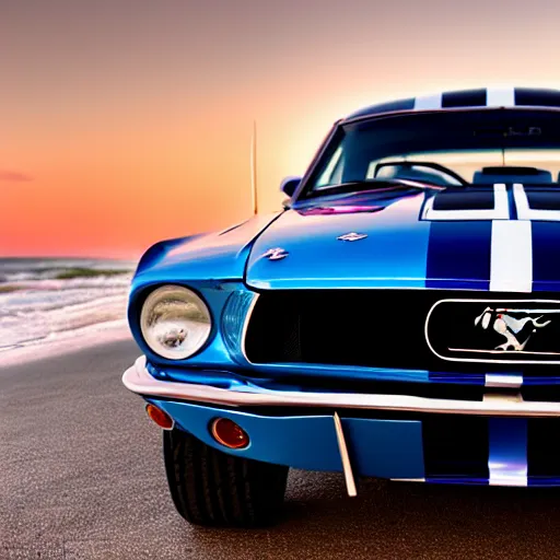 Prompt: long shot of 1967 Ford mustang Shelby GT500 in pink color at sunset in front a beach, 4k, amazing reflection, HD Photography