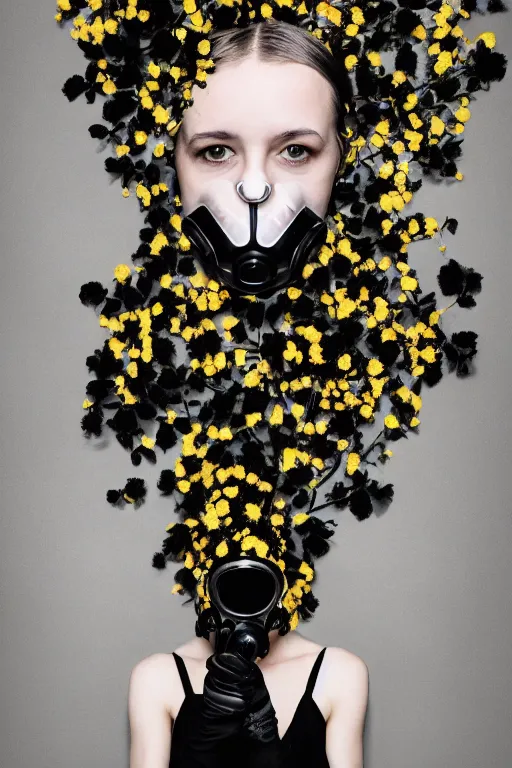 Image similar to a surreal portrait of a woman wearing gas mask blending into a wall of black flowers in the style of brooke didonato, editorial fashion photography from vogue magazine, full shot, nikon d 8 1 0, ƒ / 2. 5, focal length : 8 5. 0 mm, exposure time : 1 / 8 0 0, iso : 2 0 0