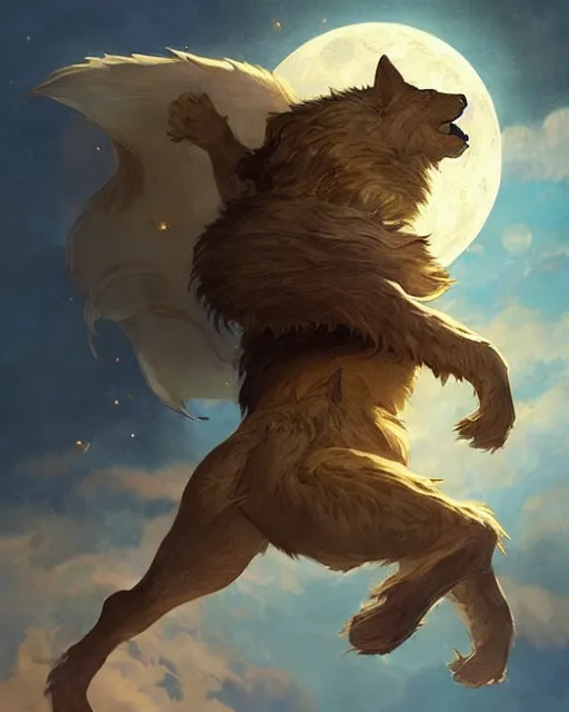 Prompt: '' Illustration of giant gold wolf chasing the moon through the sky, league of legends, LOL, fantasy, d&d, digital painting, artstation, concept art, sharp focus, illustration, art by greg rutkowski and alphonse mucha ''