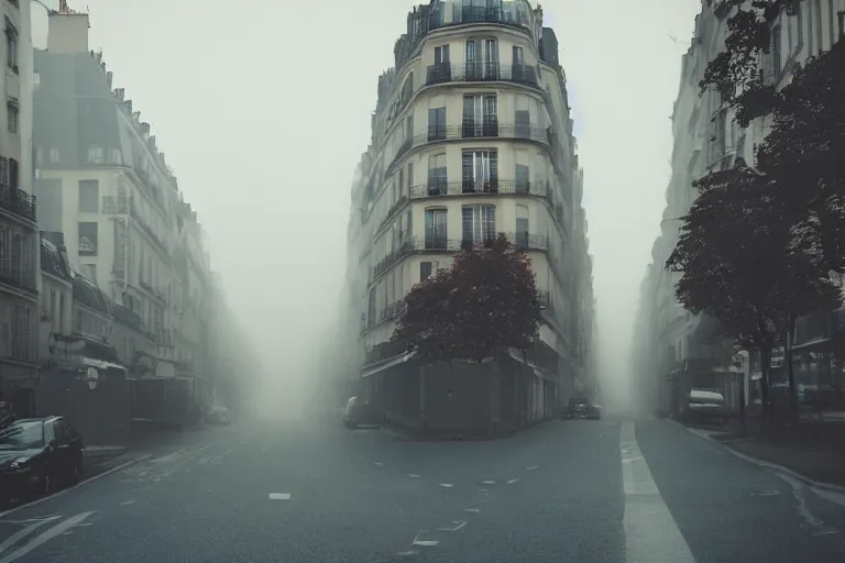 Image similar to paris street with lovecraftian monster in the sky, foggy, stranger things photo wide shot 3 5 mm