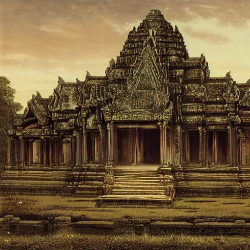 Prompt: an ancient temple reminiscent of Angor Wat, by tyler edlin, by gustave dore, by caspar david friedrich, ossuaric, high detailed, matte painting —h 768 —w 1024