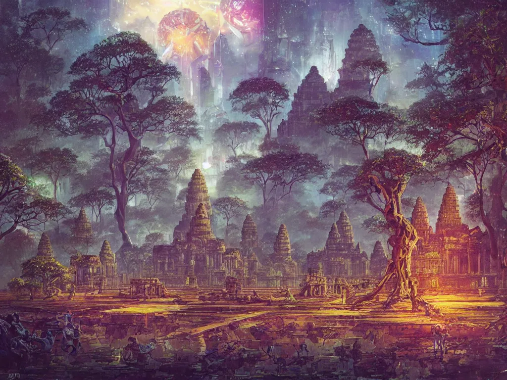 Prompt: a distant cyberpunk angkor wat, sky, portals, sparkling, reflecting pool, robots, ancient trees by paul lehr, jesper ejsing