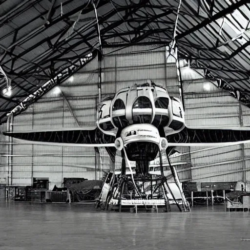 Prompt: an alien craft inside a hanger, old photo, vintage photo, grainy, realistic, real photo,