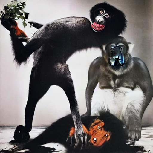 Image similar to toshiko okanoue tiger face clouds gorilla fighting a baboon chaotic jungle wes craven highly detailed, photo realistic, full color, crimson lips