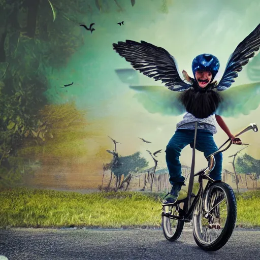 Prompt: young boy with giant wings screaming, a magpie riding a bike, bold natural colors, national geographic photography, masterpiece, 8 k, raw, unedited, symmetrical balance