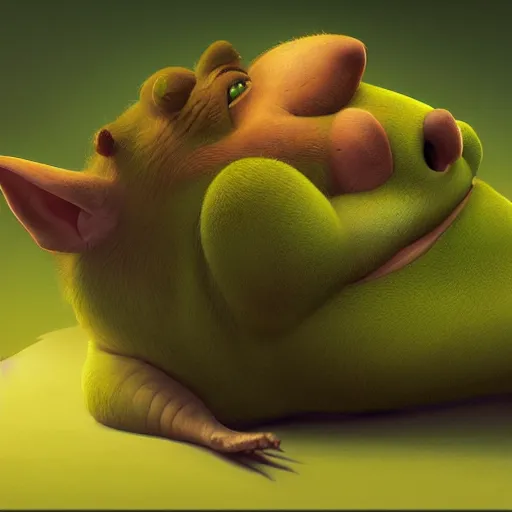 Image similar to hybrid of mouse and shrek, half shrek - half mouse, digital art, photo realistic, highly detailed, art by george stubbs, anton fadeev, james gurney, ilya kuvshinov