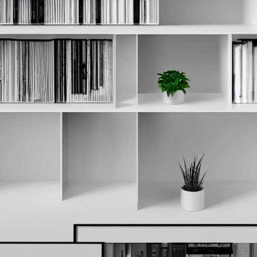 Prompt: white zen clean modern minimalist bookshelf with cute plants by peter tarka in an ivory room well contoured smooth fair walls, up close shot, sharp focus, zen, clean, modern minimalist, zaha hadid octane highly render, 4 k, ultra hd,