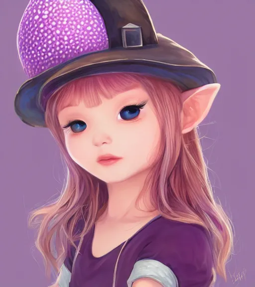 Image similar to a beautiful little girl wearing a mushroom hat sitting | | cute - fine - subtle smile, curved purple hair, face, pretty face, fine details by stanley artgerm lau, wlop, rossdraws, james jean, andrei riabovitchev, marc simonetti, and sakimichan, trending on artstation