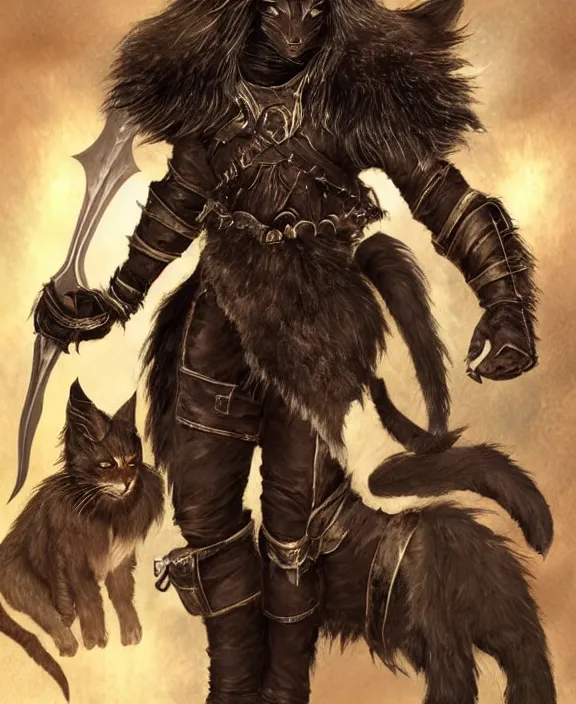 Image similar to humanoid male khajiit rogue, wearing leather armor, mainecoon cat features with black fur, far - mid shot, magic the gathering, fantasy