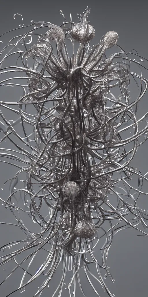 Prompt: a photorealistic render of a metallic neotribal jellyfish sculpture, with thorns, made of liquid metal, c 4 d, by zhelong xu and ernst haeckel, wide angle, hyper realistic, plain background, 8 k, volumetric lightning, octane render