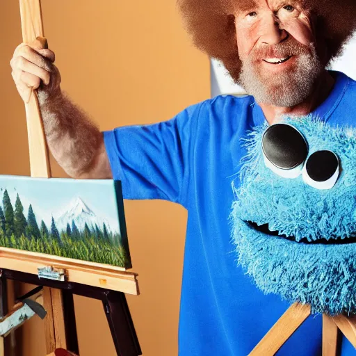 Image similar to a closeup photorealistic photograph of bob ross working on a canvas painting of cookie monster. film still. brightly lit scene. mountains and trees. this 4 k hd image is trending on artstation, featured on behance, well - rendered, extra crisp, features intricate detail, epic composition and the style of unreal engine.