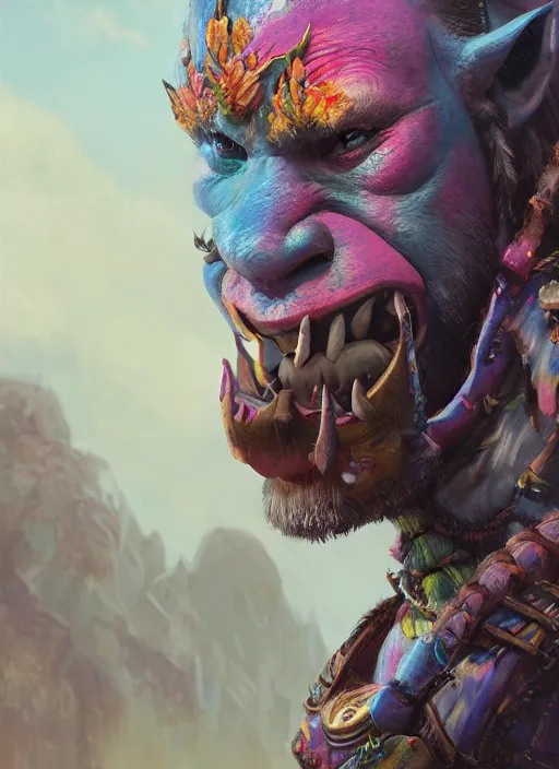 Prompt: detailed full body concept art illustration colorful pastel painting of a Disney warrior orc in full intricate clothing, ultra detailed, digital art, octane render, 4K, dystopian, micro details