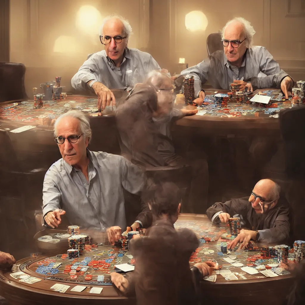 Prompt: portrait of larry david playing poker. intricate artwork, wlop, beeple. octane render, trending on artstation, greg rutkowski very coherent symmetrical artwork. cinematic, hyper realism, high detail, octane render, 8k