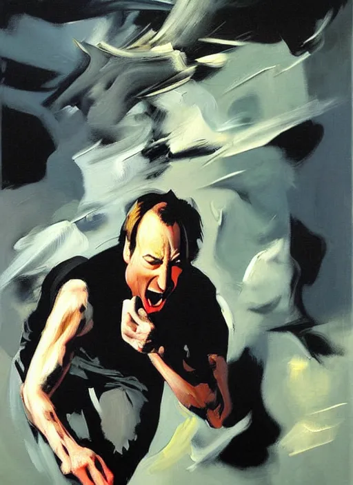 Prompt: 'bob odenkirk screaming, painting by phil hale, 'action lines'!!!, graphic style, visible brushstrokes, motion blur, blurry